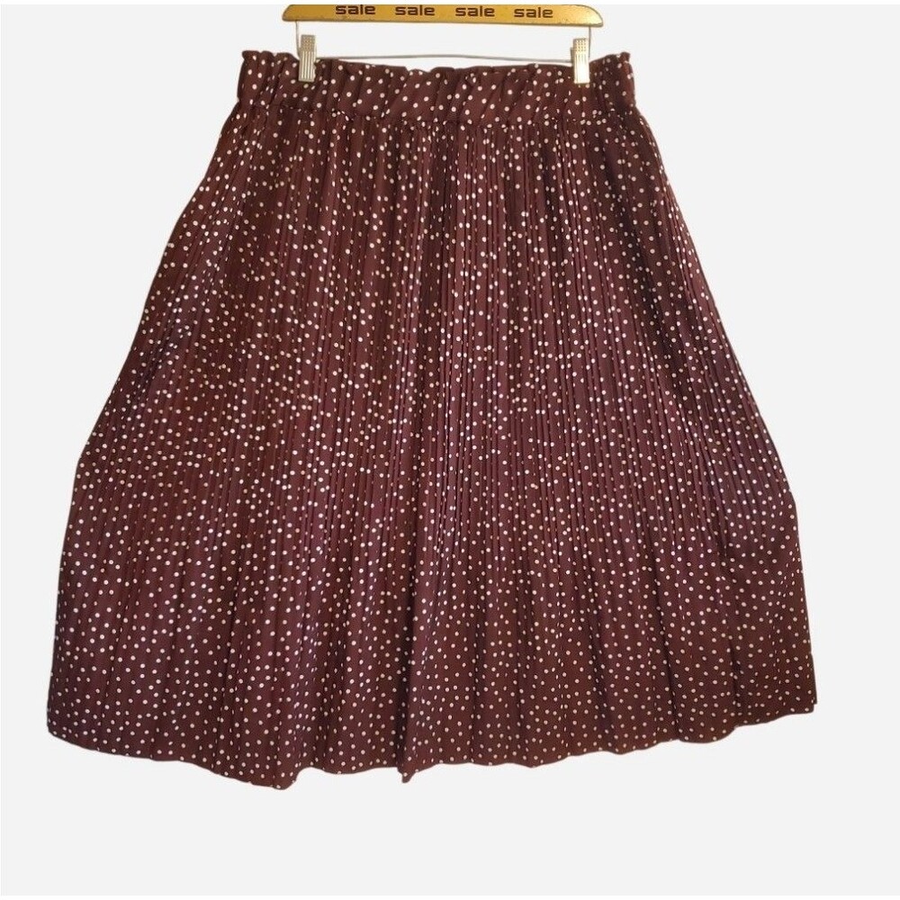 Simlu Brown Polka Dot Pleated Midi Skirt Elastic Waist L Boho Preppy Retro